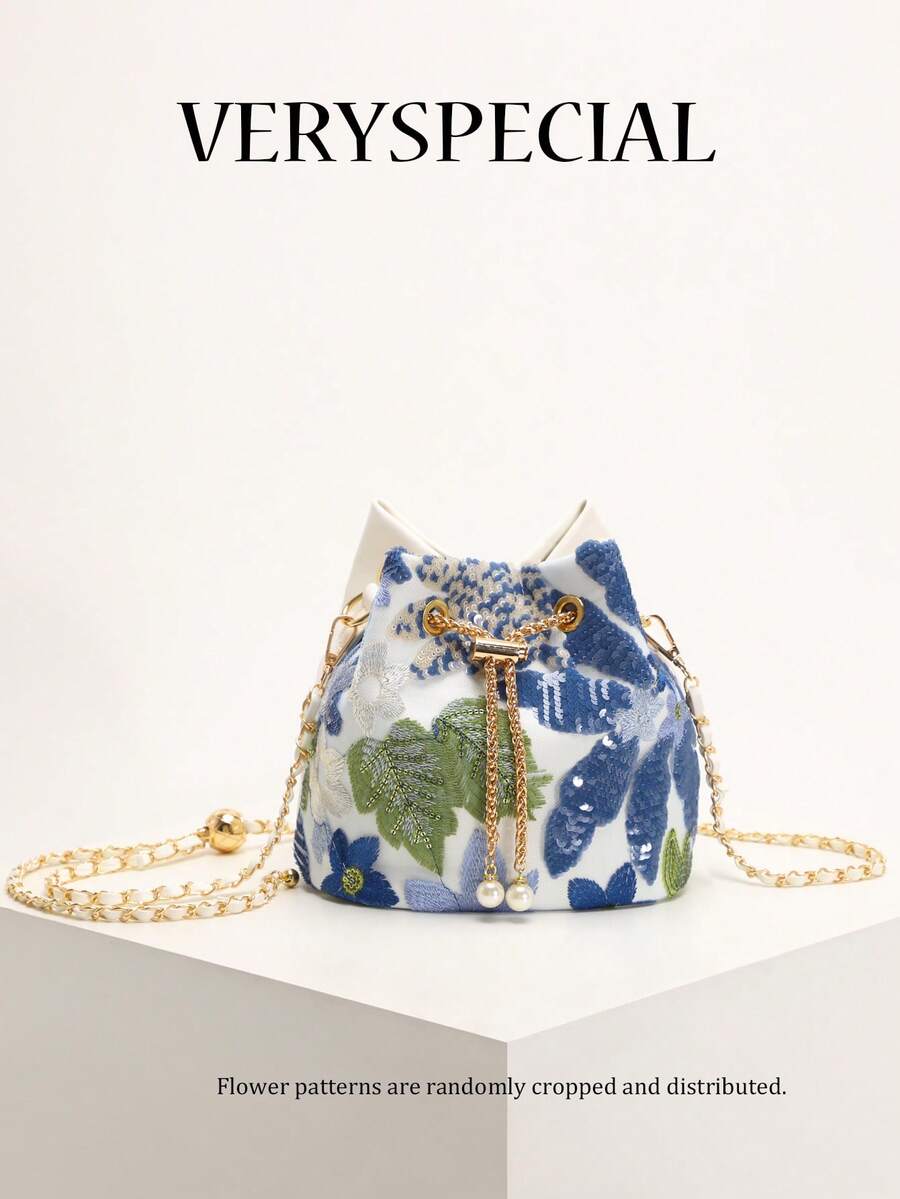1pc Colorful PVC Floral & Leaf Pattern Embroidered Linen Bucket Bag, New Holiday Style Shoulder Bag, Fashion Versatile Chain Crossbody Bag (Floral Pattern Randomly Cut And Distributed)