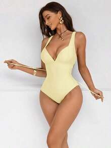 Traje de baño de una pieza con control de abdomen y push-up, con parches de color marrón, cordón de ajuste elegante y sexy, para fiestas y piscina - Beis - Ver 4