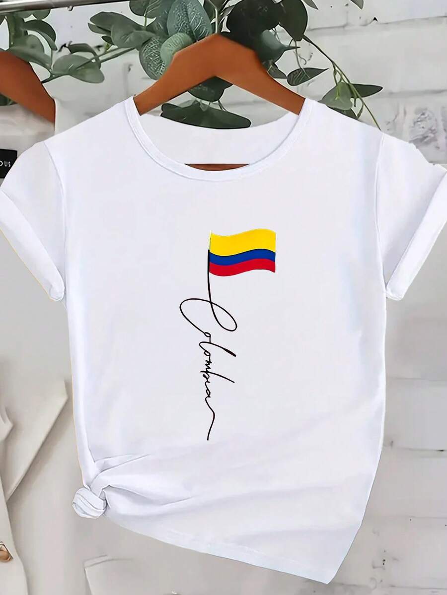 Women's T-Shirt With A Minimalist And Unique Colombian Flag Print In A Cartoon Design, Short-Sleeved Stretch Casual Top - 白色 - 查看 1