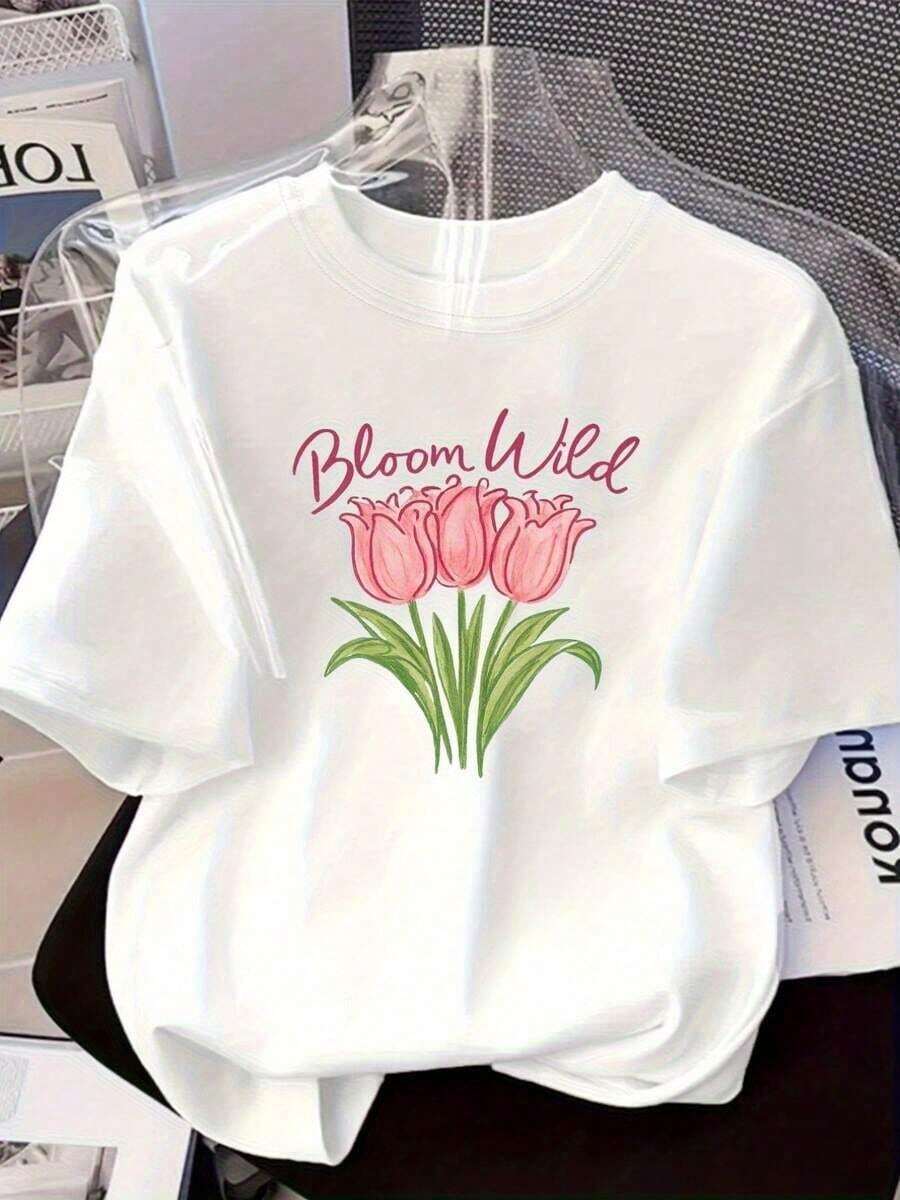 Camiseta Casual de Manga Corta con Cuello Redondo y Estampado para Mujer - Camiseta de Manga Corta Holgada, con Estampado Floral Holandés en Rosa y Verde, Camiseta Casual Transpirable con Cuello Redondo, Adecuada para Usar en la Playa en Verano, Camiseta Base para Combinar en Todas las Temporadas (Lavable a Máquina) 2026 - Esencial para un Verano Acogedor y Casual Chic |   Diseño exquisito |   Suelto y cómodo |   Fácil de combinar | - Blanco - Ver 1