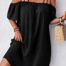Plus Size Women Off Shoulder Short Sleeve Vacation Solid Color Hollow Out Dress Black Summer Elegant - Negro - Ver 3