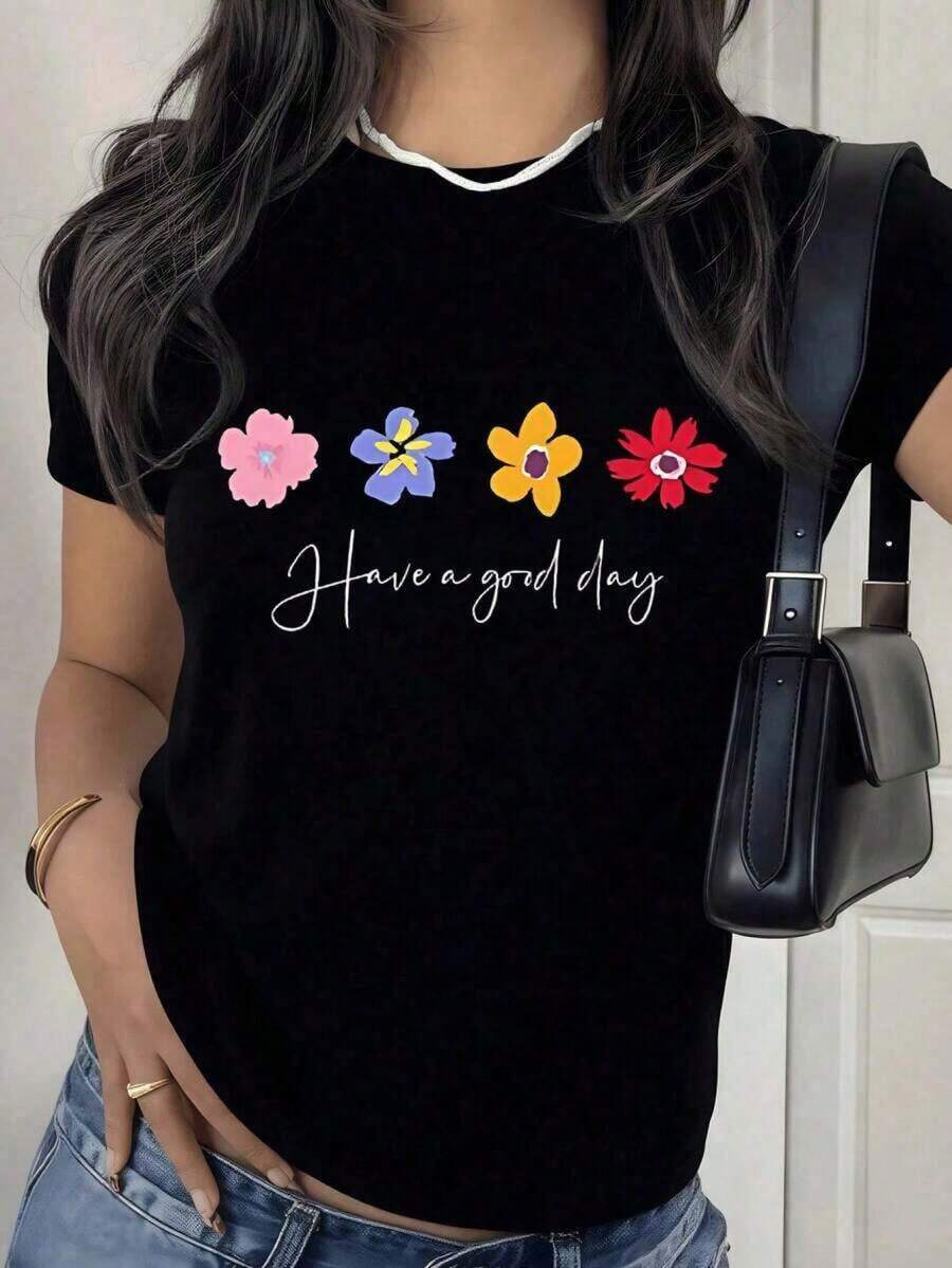 Women's Plain Black Fitted Short Sleeve T-Shirt, Aesthetic Colorful Floral T-Shirt With "Have A Good Day" Slogan And Hand-Drawn Design, And Positive Youth Tops, Pretty And Elegant Blouses, Casual Summer Clothing, Cute Shirts XFGH CESK - 黑色 - 查看 1