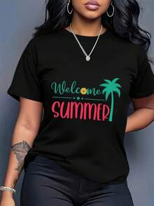 Camiseta Holgada de Verano para Mujer de Talla - Estampado de Palmeras Tropicales y Mensaje de Bienvenida, Top Ligero de Cuello Redondo Casual, para Viajes a la Playa, Vacaciones y Uso Diario - Prenda de Verano Lavable aáquina - Camiseta de Manga Corta de Algodón Holgada de Estilo Urbano Vintage Unisex - Negro - Ver 5