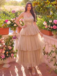 Robe brodée florale avec lien dans le dos et robe en maille superposée. Coupe élégante convenant pour les mariages de jardin et les portraits de mariée - Champagne - Voir 4