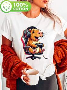 Camiseta de manga corta con cuello redondo y estampado de ratón jugando a un juego con dientes delanteros en forma de Y, ropa casual para verano y primavera, ropa de mujer - Blanco - Ver 2
