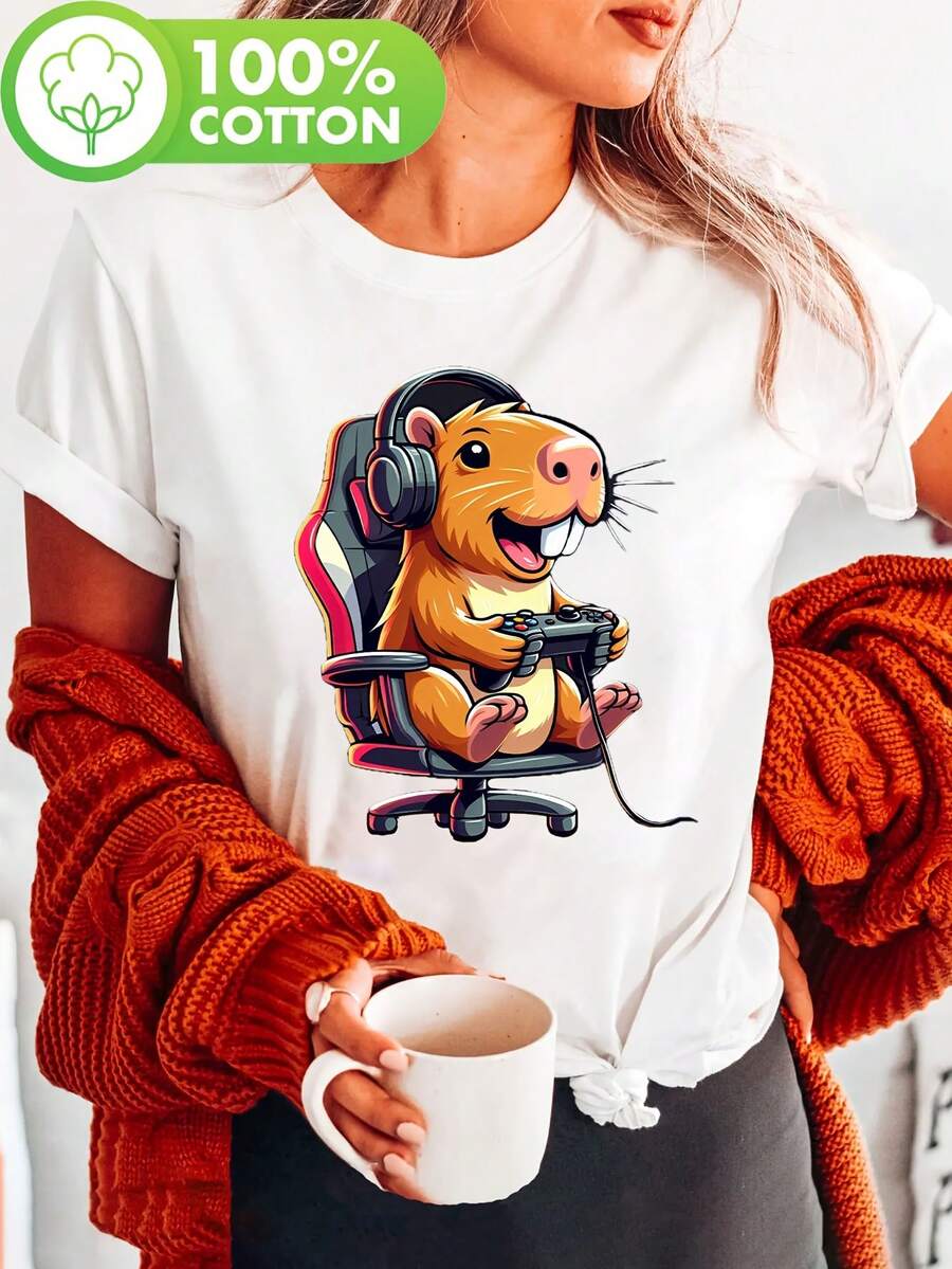 Camiseta de manga corta con cuello redondo y estampado de ratón jugando a un juego con dientes delanteros en forma de Y, ropa casual para verano y primavera, ropa de mujer