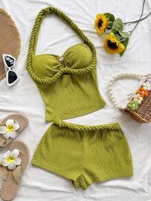 Conjunto Casual de 2 Piezas para Mujer: Top Halter a Rayas y Shorts para Vacaciones - Verde - Ver 9