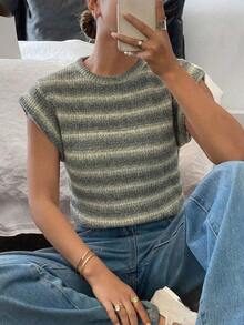Camiseta casual de cuello redondo de manga corta de unicolor con textura de gofre, cómoda para el verano - Verde - Ver 4