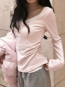 2-In-1 Lace Trim Contrast Color Elegant Long Sleeve T-Shirt Top - Light Gray Powder - View 3