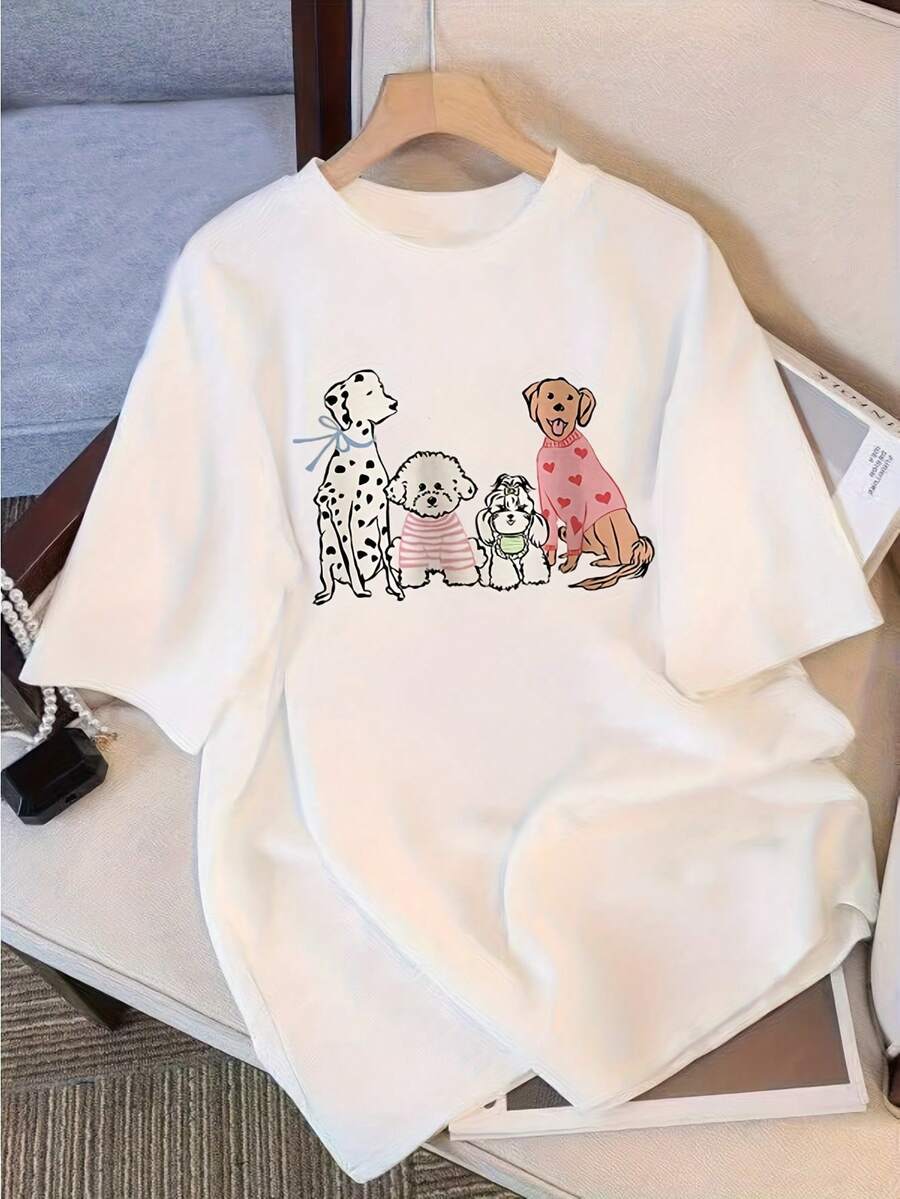 Camiseta de Mujer, Camiseta con Estampado de Dibujos Animados, Cuello Redondo, Manga Corta, Estilo Casual, Tops para Salir para Mujer - Blanco - Ver 1