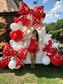 6pcs 38inch Red Bow Foil Balloon Set - White Heart Polka Dot Pattern, Perfect For Cherry Theme, Strawberry Theme, Birthday Party Decor, Princess/Queen Theme Party, Wedding Entrance Decor, Bachelorette Party, Valentine's Day, Bridal Wedding Decoration - Red - View 1