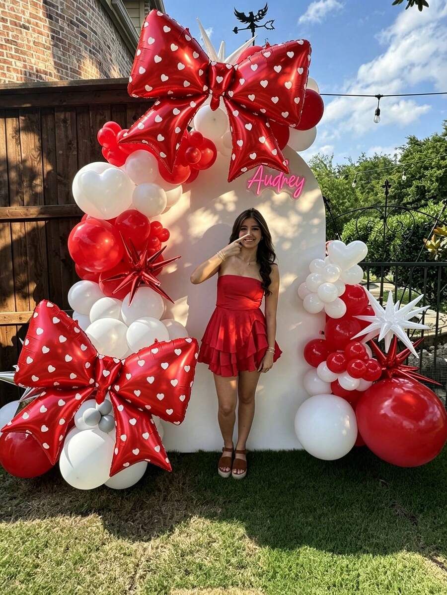 6pcs 38inch Red Bow Foil Balloon Set - White Heart Polka Dot Pattern, Perfect For Cherry Theme, Strawberry Theme, Birthday Party Decor, Princess/Queen Theme Party, Wedding Entrance Decor, Bachelorette Party, Valentine's Day, Bridal Wedding Decoration - Red - View 1