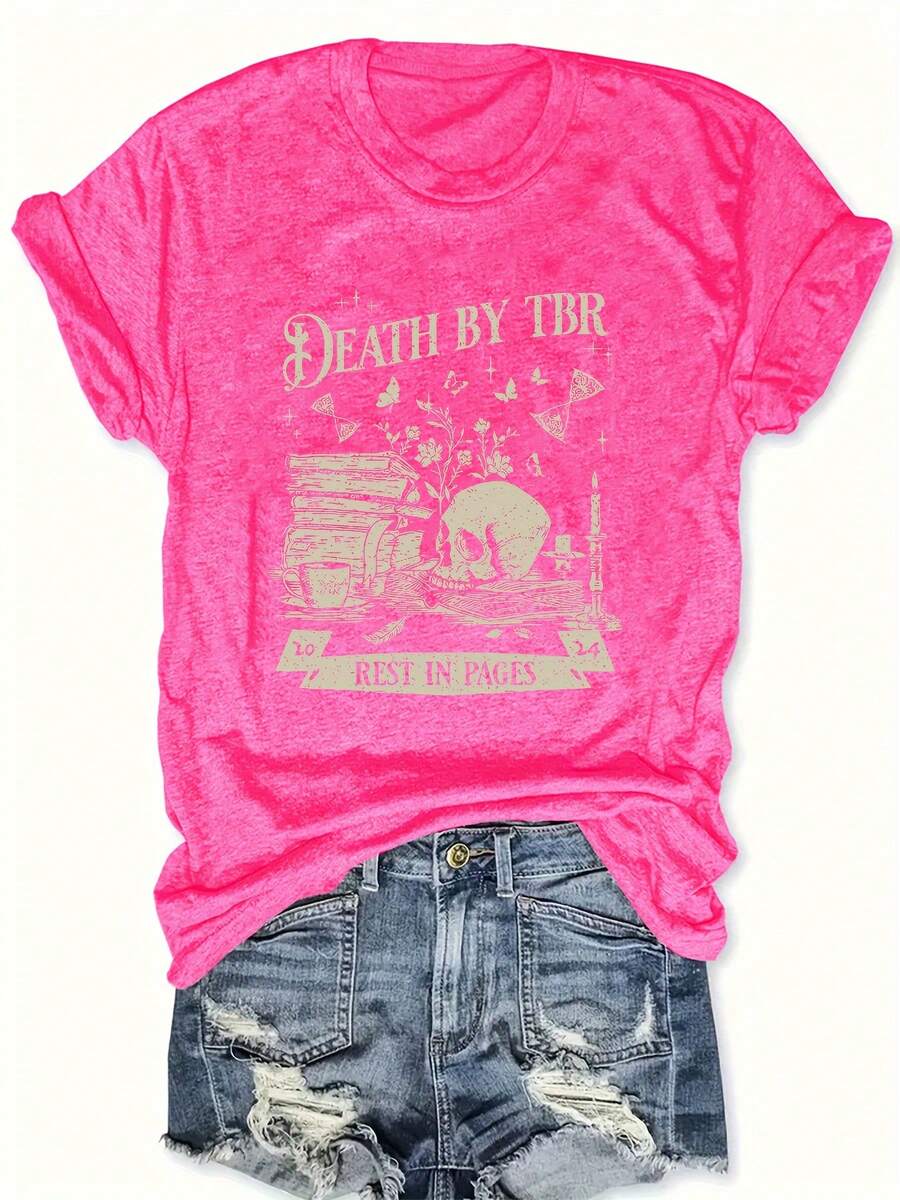 Talla Grande - Camiseta con Estampado de Letras, Manga Corta, Cuello Redondo, Estilo Casual, para Verano y Primavera, Ropa de Mujer de Talla Grande - Rosa Fucsia - Ver 1