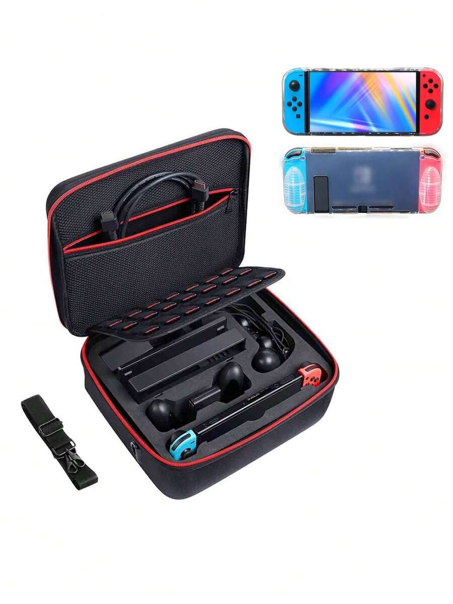 1pc EVA Carrying Case + 1pc TPU Protective Cover For Nintendo Switch OLED And Switch, Anti-Drop, Anti-Scratch, Anti-Slip, Sweat-Proof, With Handle Design For Easy Carrying, Comprehensive Protection For Gaming Device - View 1