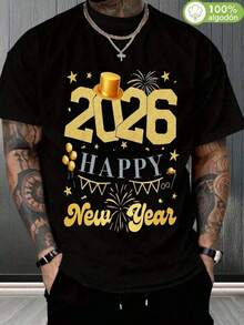 Camiseta Año Nuevo 2026 100% Algodón 200g, Estampado "2026 Happy New Year" con Fuegos Artificiales y Sombrero, Perfecta para Celebraciones de Año Nuevo 2026 y Fiestas de Fin de Año, Moda Festiva de Año Nuevo, Ropa Algodón Hombre Brillante y Festiva, de Año Nuevo 2026, Todos los Hombres para Fiestas de Fin de Año, Año Nuevo 2026, Camiseta de Celebración Hombre Algodón,camisas de hombre,playeras navideñas,playera de hombre,ropa en pareja,oversize hombre. WDYX - Negro - Ver 8
