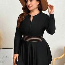 Swim  Summer Beach Plus Size Zipper Closure Long Sleeve Vest-Style Tankinis - Negro - Ver 5