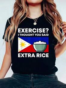 Ejercicio, Pensé Que Habías Dicho Arroz Extra, Camiseta Divertida Filipina Pinoy, Casual, Estampada, 100% Algodón, Camiseta de Mujer, Camisetas de Verano de Manga Corta, Camiseta Gráfica, Tops de Mujer - Negro - Ver 6