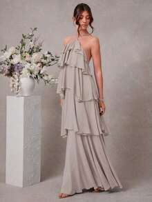 Elegante vestido maxi de gasa con cuello halter de niveles sólido para invitados de boda románticos - Gris - Ver 3