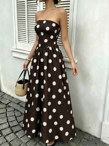 Women's Polka Dot Waist-Cinching Strapless Dress, Vacation Style Casual Brown Long Beach Dress For Autumn Elegant Summer - Brown - View 6