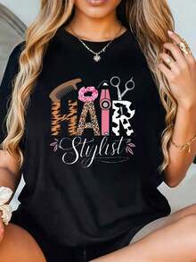 Women's Graphic Hair Stylist T-Shirt -  And Comfortable T-Shirt For Hair Stylists - Perfect For Salons And Everyday Wear - Summer And Spring Season - Casual Style - Unisex Vintage Urban Style - Loose Fit Short Sleeve Crew Neck T-Shirt 100% Cotton - 黑色 - 查看 1