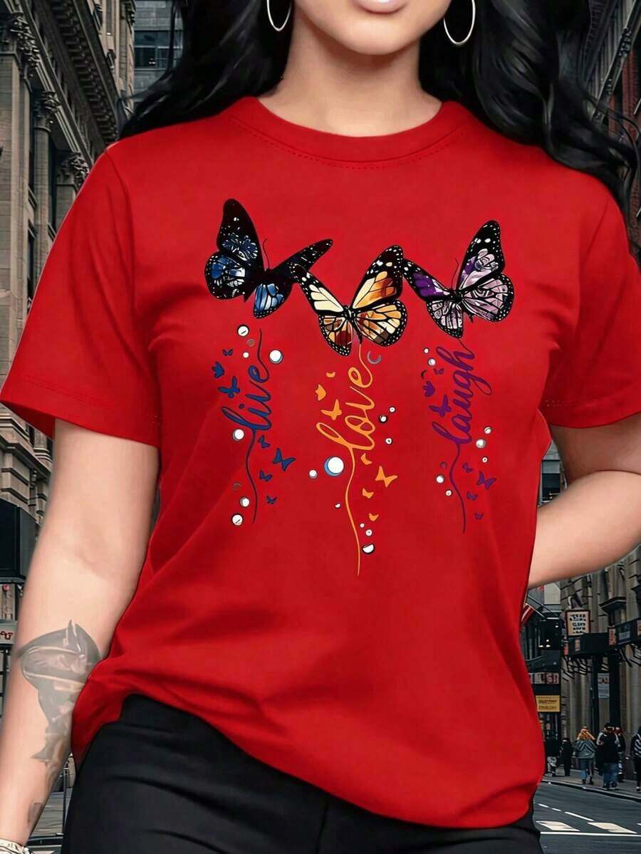1 Pieza Moda Informal Para Hombres Y Mujeres Corto Manga Camiseta Soñador Colorido Mariposa Patrón Imprimir, Vintage Elegante Exquisito Lindo Sexy Dulce Estilo Redondo Cuello Superior, Regular Ajuste Mujeres Regalo Cumpleaños Regalo, Desplazamientos diarios Camiseta Fiesta Camiseta Suave Y Cómodo La tela es versátil, fácil de combinar, adecuada para el uso diario, el estilo urbano, los conjuntos de vacaciones y la ropa de fin de semana. - Rojo - Ver 1