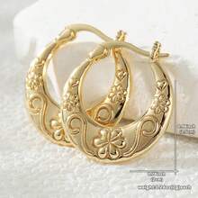 Wide Silhouette Hoop Earrings, Engraved Floral Pattern + Heart And Floral Elements, Inherent French Retro Vibe, Understated Yet Eye-Catching Design - Gold - View 6