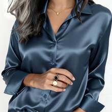 2026 Women's Satin Button-Up Blouse, Elegant Collared Shirt For Office Or Casual Wear, Autumn Winter Spring Summer Tops Summer Outfits For Women Summer Clothes Shirts Vacation Outfits Women Spring Outfits For Women Blusas Bonitas De Mujer Cute Tops Going Out Tops Women - 藏蓝色 - 查看 1