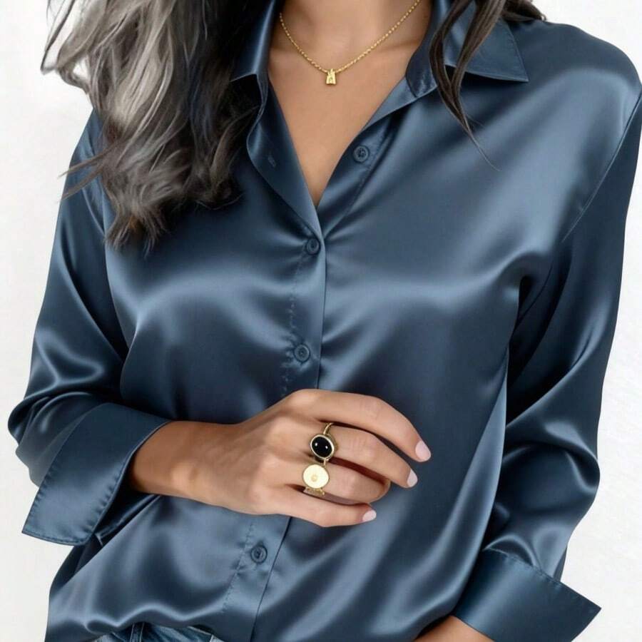 2026 Women's Satin Button-Up Blouse, Elegant Collared Shirt For Office Or Casual Wear, Autumn Winter Spring Summer Tops Summer Outfits For Women Summer Clothes Shirts Vacation Outfits Women Spring Outfits For Women Blusas Bonitas De Mujer Cute Tops Going Out Tops Women - 藏蓝色 - 查看 1