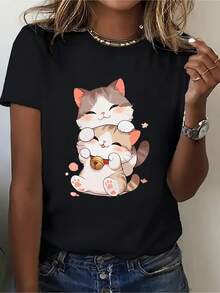 [Relajación en el Hogar] Camiseta de Mujer con Estampado de Gato Adorable, Top Casual de Manga Corta con Diseño de Gatito Juguetón, Cuello Redondo, Lavable a Máquina, Negra, Camiseta de Moda de Temporada con Estampado Caprichoso |   Diseño exquisito |   Suelto y cómodo |   Fácil de combinar | - Negro - Ver 1