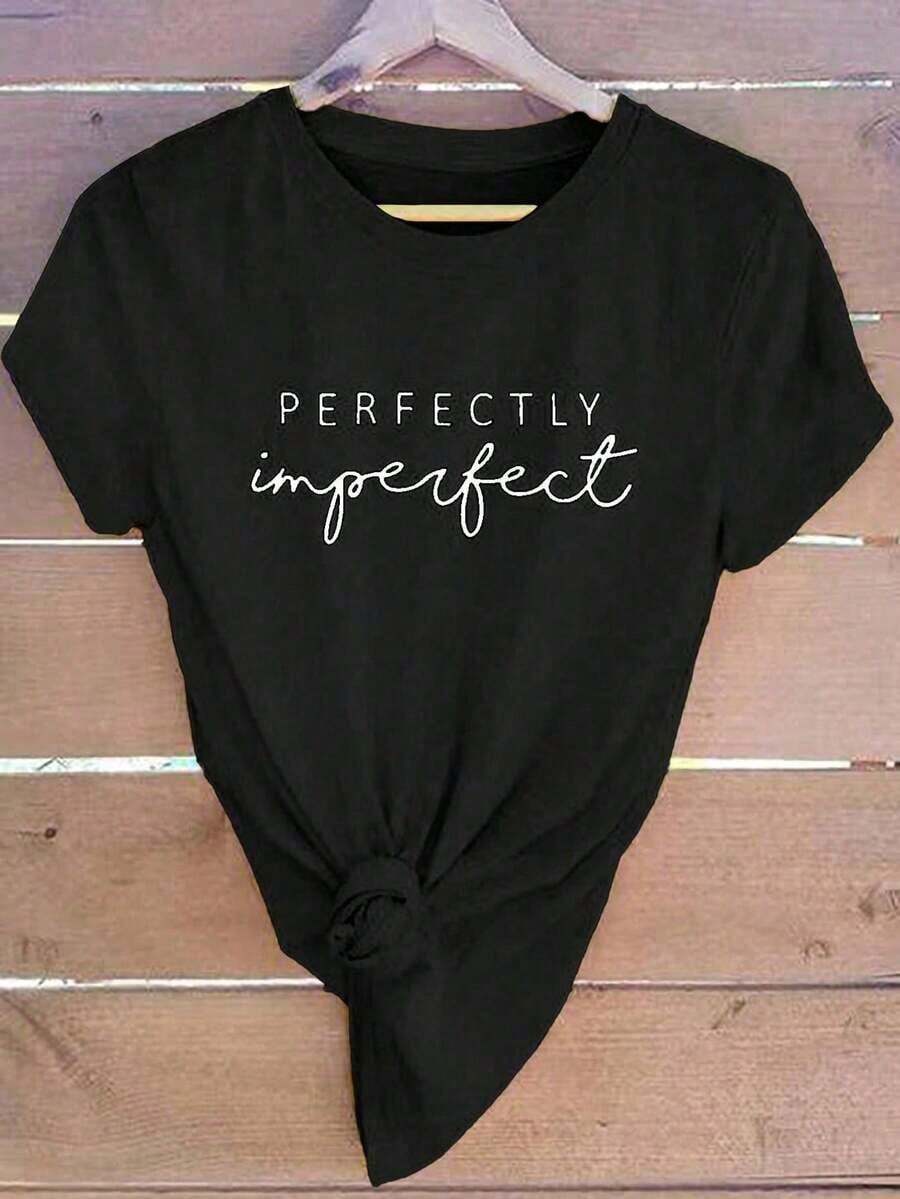 Camiseta de manga corta y cuello redondo de algodón para mujer con el lema "Perfectamente Imperfecta", estilo casual y bonito. - Blanco - Ver 1