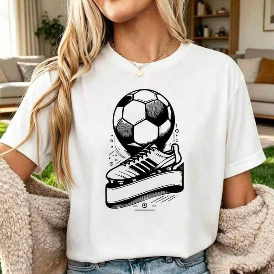 2026 World Cup Soccer Graphic T-Shirt, Football Shoe Print Casual Short Sleeve Crew Neck Tee, Sports Fan Outfit For WomenRopa De Mujer / Ropa De Mujer De Uso Diario / Blusas, Camisas Y Camisetas De Mujer / Camisetas De Mujer Ropa Deportiva Basicos Mujer Short Playeras Para Hombre - Blanco - Ver 1