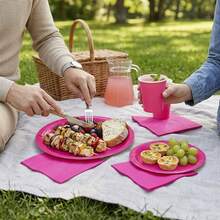Bộ đồ dùng ăn uống bằng giấy dùng một lần màu đỏ hồng, bao gồm đĩa ăn tối 9 inch, đĩa tráng miệng 7 inch, cốc giấy và khăn ăn, có nhiều số lượng khác nhau, thích hợp cho đám cưới, tiệc sinh nhật, tiệc cô dâu và các bữa tiệc dùng một lần khác. - Hồng đỏ - Xem 7