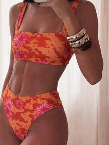 Conjunto de bikini de 2 piezas con parte superior de tirantes con estampado de color aleatorio y shorts de cintura alta para mujer, para vacaciones en la playa - Naranja - Ver 9