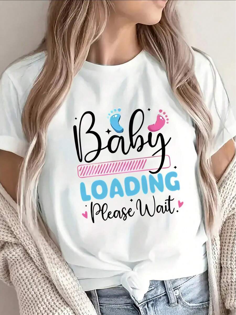 Camiseta de Manga Corta de Poliéster para Mujer, Diseño "Cargando Por Favor", Cómoda y Ligera, Ideal para Uso Casual en Casa o Salidas, Tela Suave con Divertido Gráfico de Anuncio de Embarazo - Blanco - Ver 1