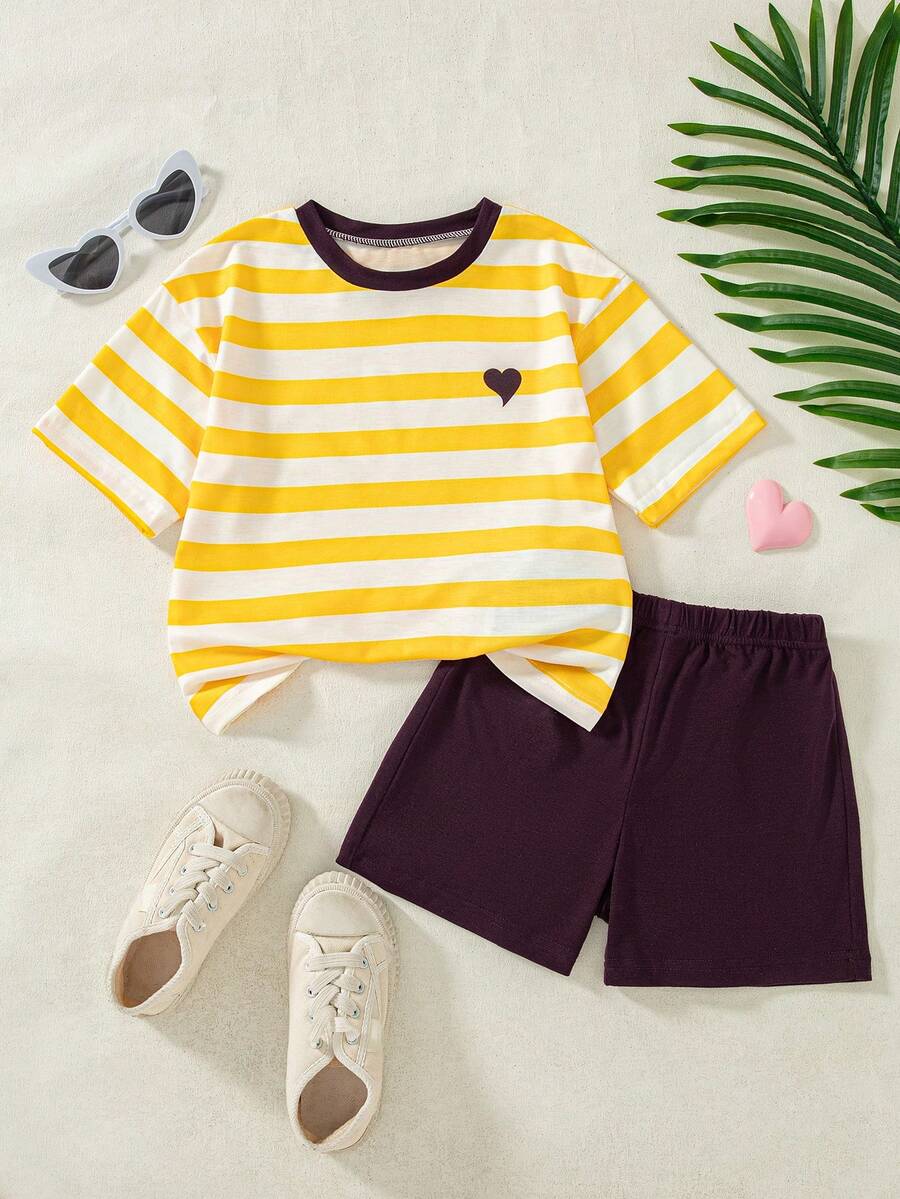 2pcs/Set Girls' Casual Striped Print Decor Raglan Sleeve Top And Solid Color Shorts Set, Spring/Summer - Yellow - View 1