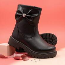 Fleca Girls' Boots With Bow, Rhinestones, Lug Sole, Comfortable, Casual, Party, Black And Off-White - Black - View 1