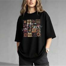 Camiseta de mujer versátil de estilo juvenil y casual, estampada, de manga corta, corte holgado, estilo europeo y americano, estilo Hong Kong, 100% algodón, vintage. - Negro - Ver 2