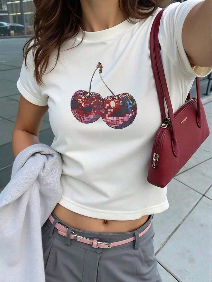 Camiseta de manga corta para mujer con estampado de eslogan, cuello redondo, estilo casual y versátil, para el tiempo libre. - Blanco 2 - Ver 1