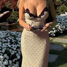 Yuwenier Elegant Romantic A-Line Satin Polka Dot Print Maxi Dress, Lace Patchwork Spaghetti Strap, Open Back, Suitable For Valentine's Day, Music Festival, Beach Holiday Black Summer - Verde - Ver 4