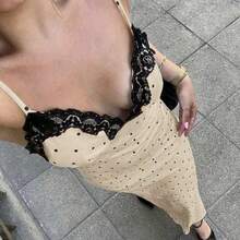 Yuwenier Elegant Romantic A-Line Satin Polka Dot Print Maxi Dress, Lace Patchwork Spaghetti Strap, Open Back, Suitable For Valentine's Day, Music Festival, Beach Holiday Black Summer - Negro - Ver 6
