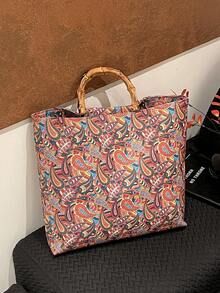Bolso de mano de lona con estampado, de gran capacidad, con asa de bambú con diseño de flor de anacardo retro, bolso versátil para el transporte diario - Multicolor - Ver 3