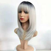 New Product Gradual Change Gray Medium Length Straight Hair Qi Bangs High Temperature Silk Women High Level Clavicle Hair - 白色 - 查看 2