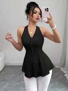 Camisa sin mangas con cuello en V, abotonada, con pliegues a la cintura y línea A, casual y elegante, adecuada para la oficina, vacaciones, primavera/verano - Negro - Ver 7