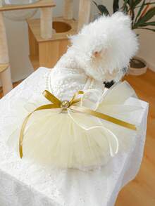 1件宠物连衣裙，犬/猫服装，小型犬/幼犬套装，金色蕾丝婚纱系列 - 彩色 - 查看 3