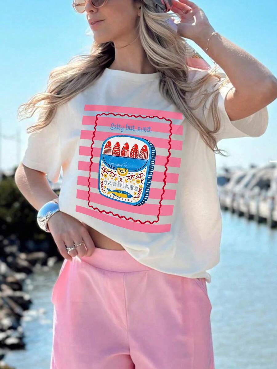 Canned Sardine Print Round Neck Short SleeveRegular Fit T-Shirt For Women, Suitable For Spring AndSummer Casual White - White - View 1