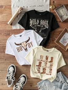 camisetas de manga corta de cuello redondo básicas Prenda individual, no un conjunto de 3 piezas, 1 piezas/set de camisetas de manga suitable for streetwear, Top oversized cuello redondo daily outings, camping, concerts, hip-hop, rock, and rap events verano con logo simple, estampado numérico y de letras, uso versátil diario para mujeres - Negro - Ver 1