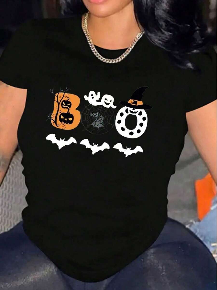Women's Casual Short Sleeve T-Shirt For Halloween, 1 Piece, 100% Heavyweight Cotton - Comfortable Crew Neck, Soft And Lovely T-Shirts - 黑色 - 查看 1