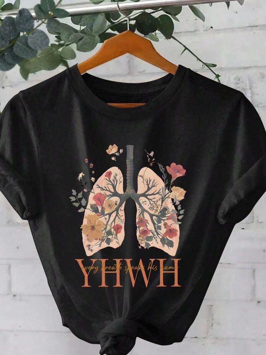 1 pieza de camiseta de manga corta con cuello redondo y estampado floral y de letras para mujer, Navidad - Negro - Ver 1