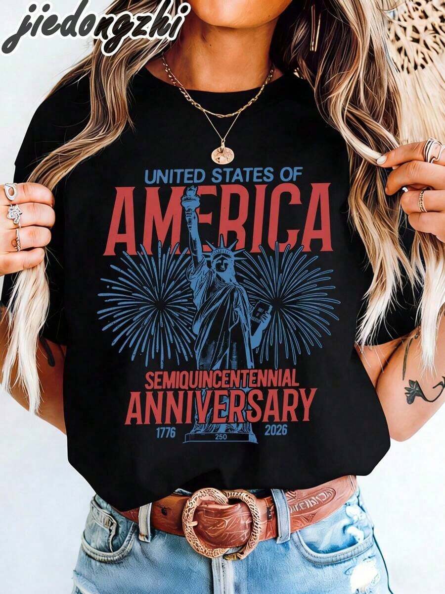 1 Piece Women's Graphic T-Shirt With USA 250th Semicentennial Design, Statue Of Liberty Fireworks Print, Summer T-Shirts, 4th Of July Outfit, Patriotic Aesthetic Cotton T-Shirts, 180g 100% Cotton. - 黑色 - 查看 1
