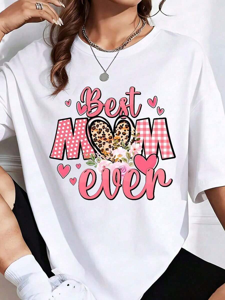 1 pieza Camiseta de Mamá con Diseño Floral de Corazón y Estampado de Leopardo, Es una Camiseta Perfecta para Regalar a Amigos y Familiares en Cualquier Día Festivo o Ocasión Especial, 180g 100% Algodón - Blanco - Ver 1